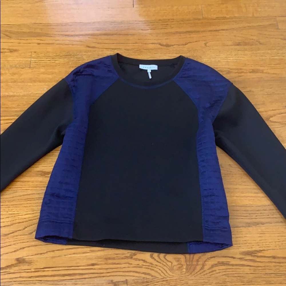 Sandro top scuba fabric with navy satin inserts